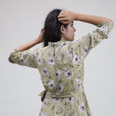 Green Floral Hand Printed Cotton Casual Midi Dress