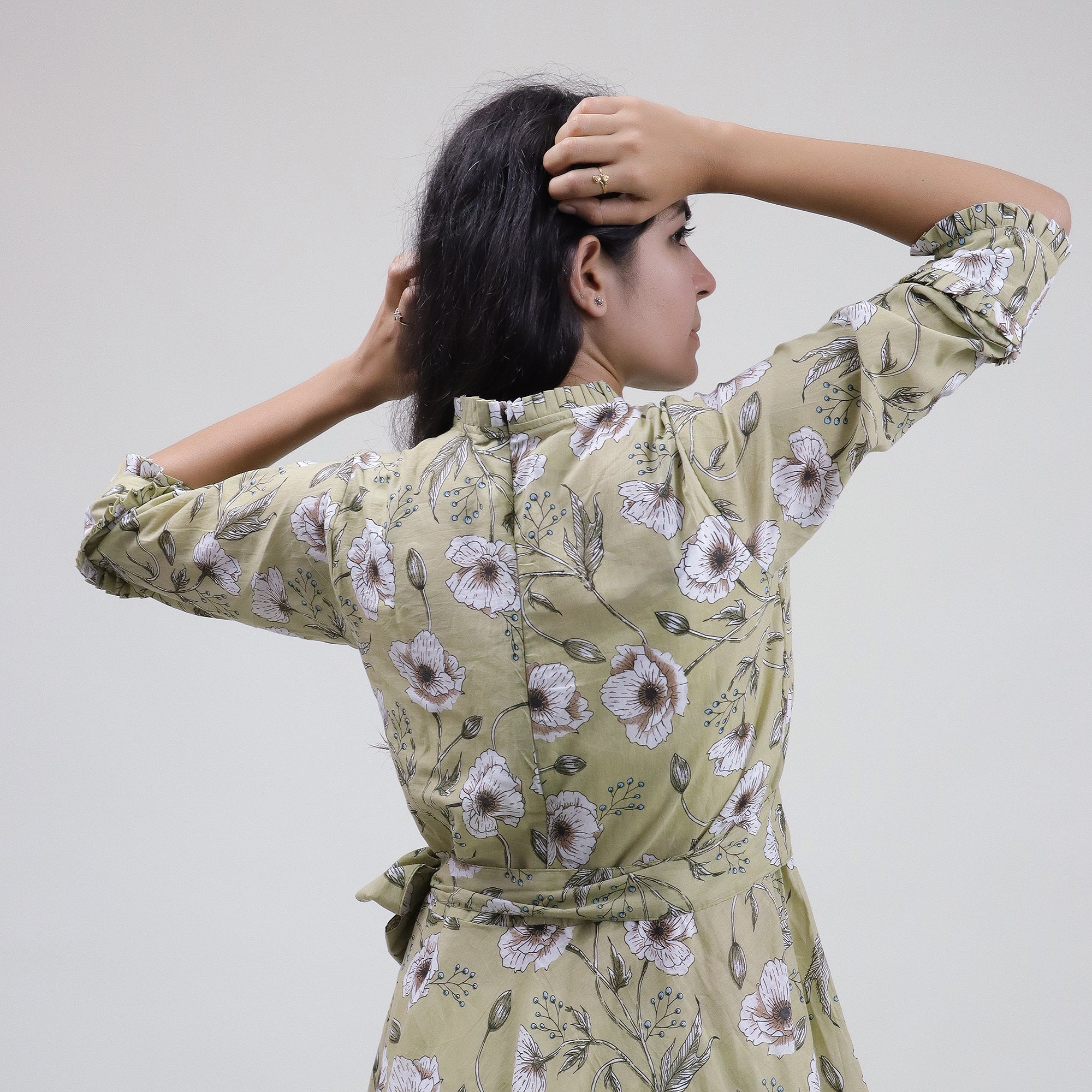 Green Floral Hand Printed Cotton Casual Midi Dress