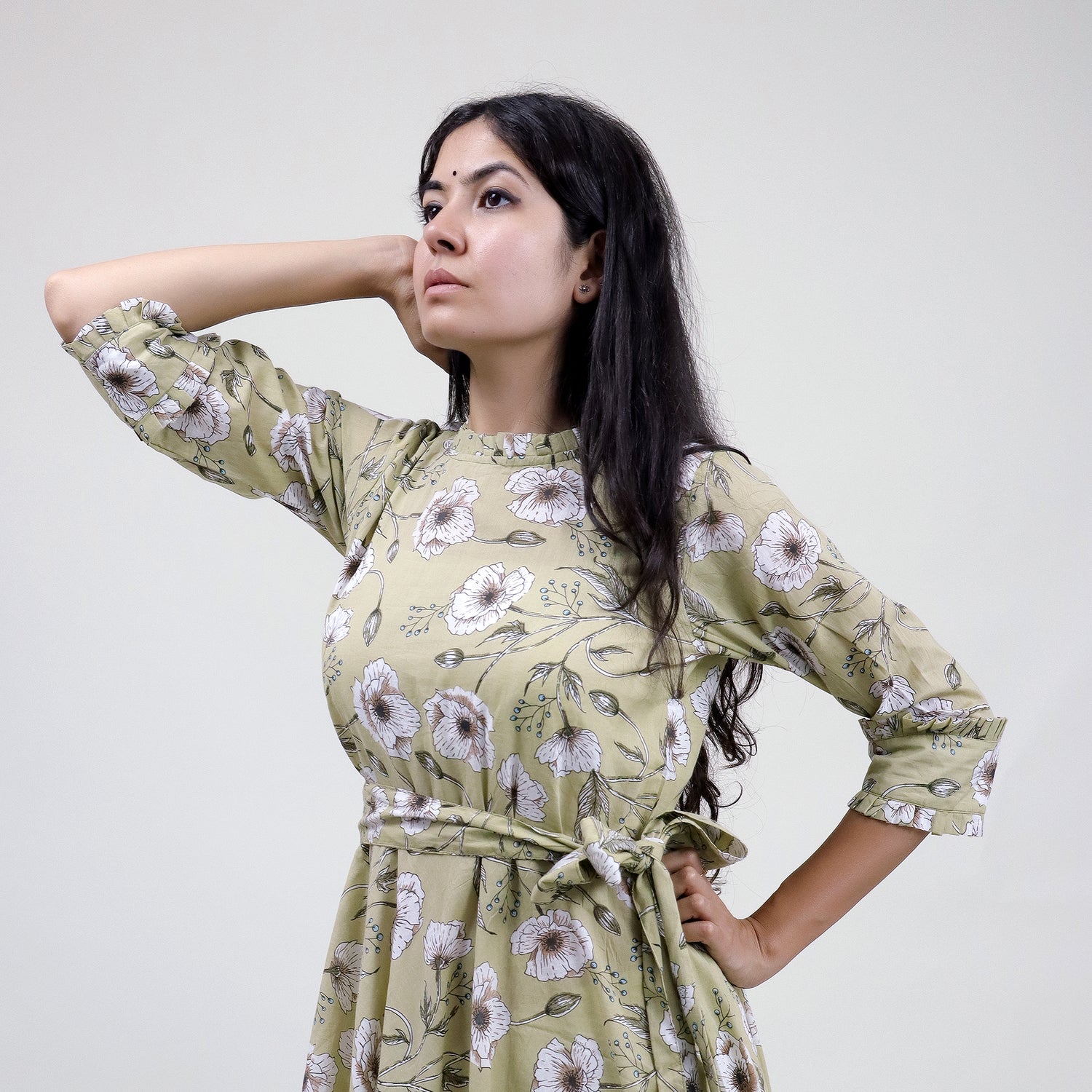 Green Floral Hand Printed Cotton Casual Midi Dress