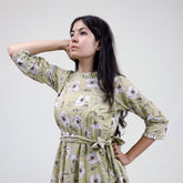 Green Floral Hand Printed Cotton Casual Midi Dress