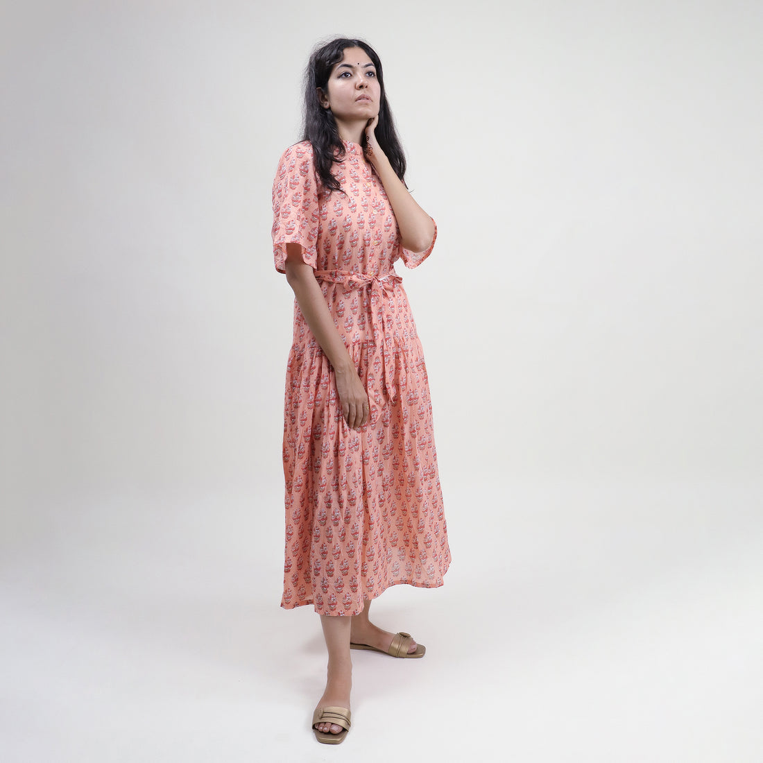 Green Floral Hand Printed Cotton Womens Casul Midi Dress