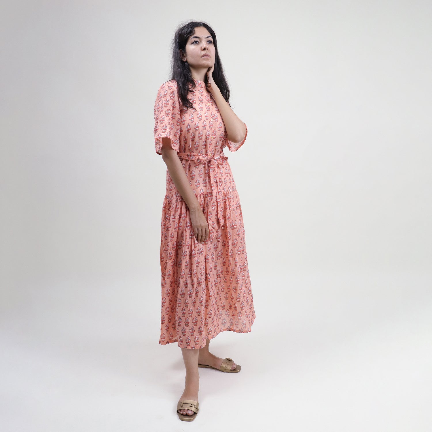 Green Floral Hand Printed Cotton Womens Casul Midi Dress