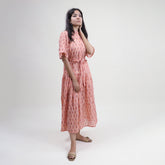 Green Floral Hand Printed Cotton Womens Casul Midi Dress