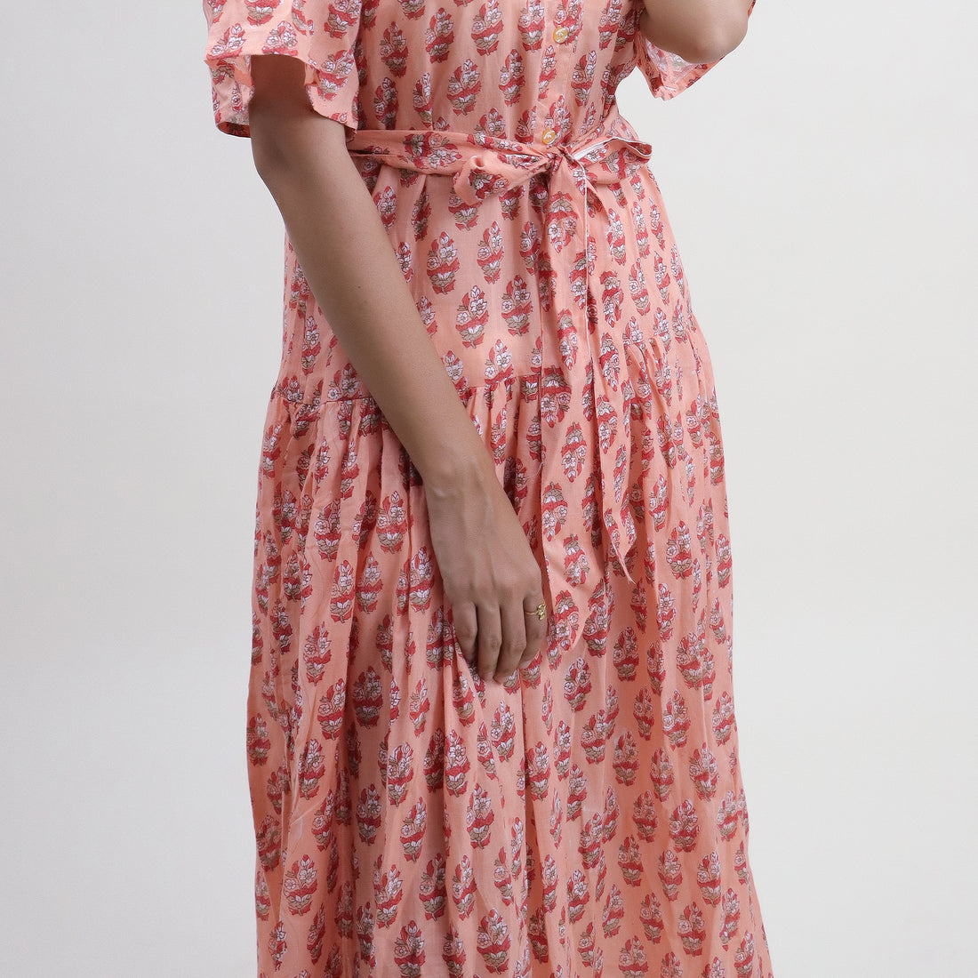 Green Floral Hand Printed Cotton Womens Casul Midi Dress