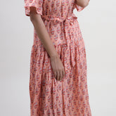 Green Floral Hand Printed Cotton Womens Casul Midi Dress