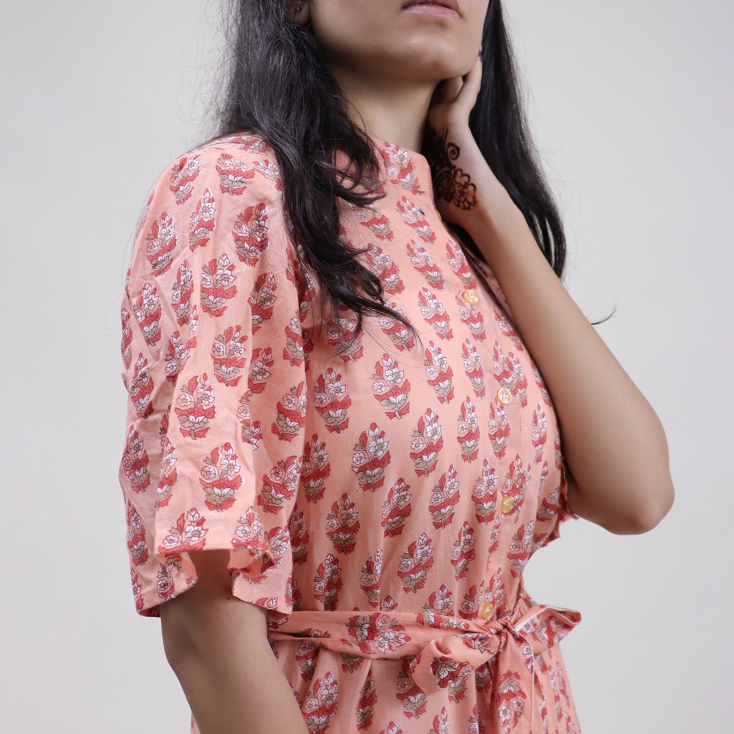 Green Floral Hand Printed Cotton Womens Casul Midi Dress