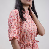 Green Floral Hand Printed Cotton Womens Casul Midi Dress