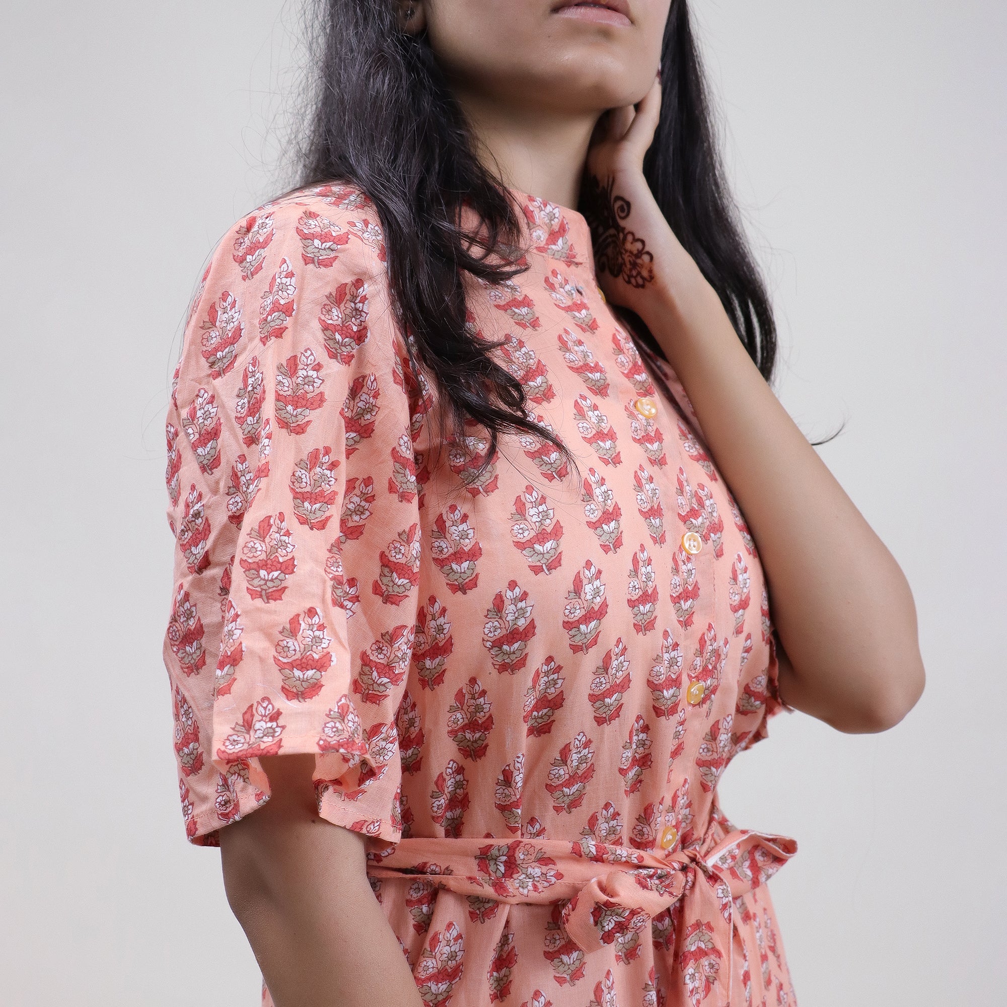 Green Floral Hand Printed Cotton Womens Casul Midi Dress