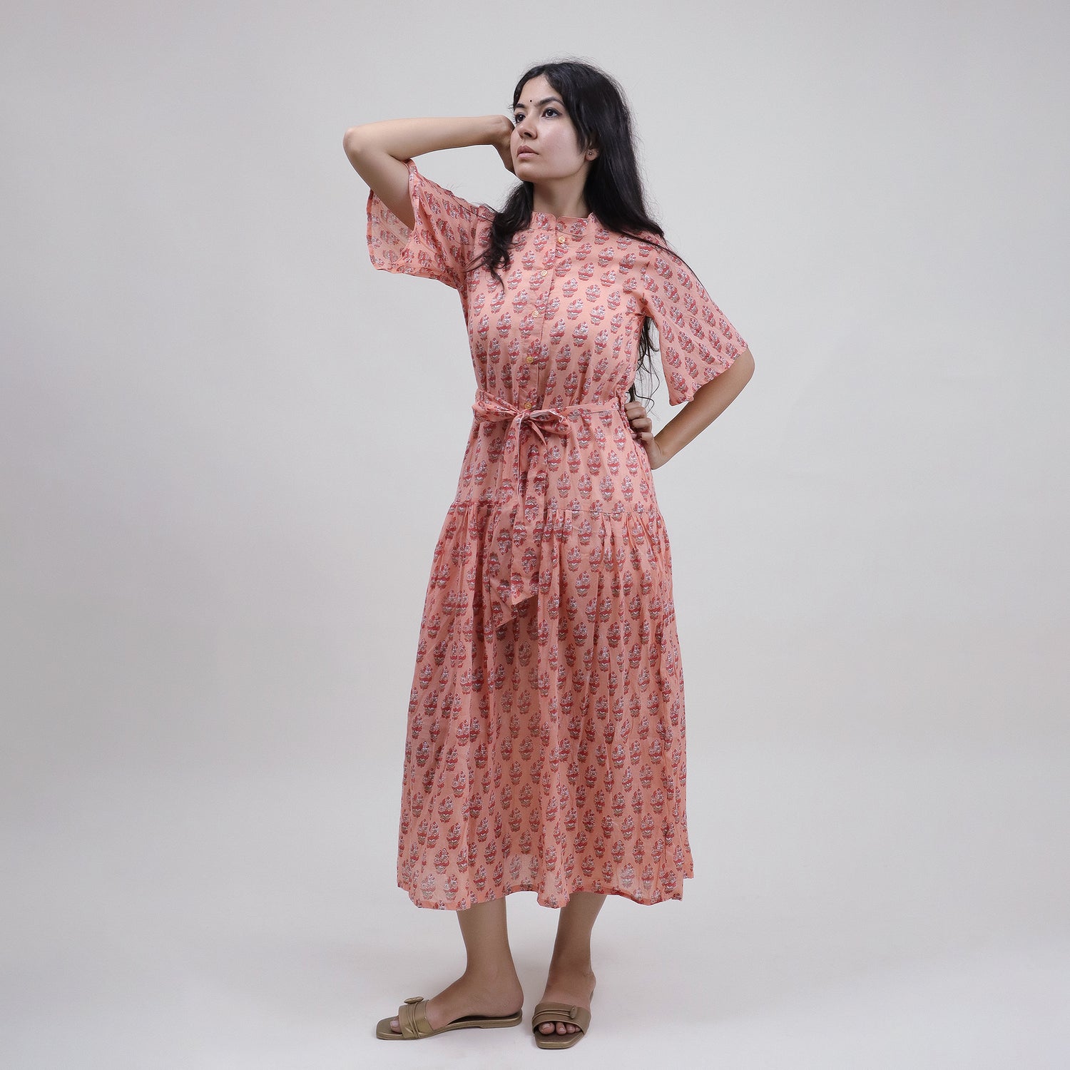 Green Floral Hand Printed Cotton Womens Casul Midi Dress