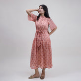 Green Floral Hand Printed Cotton Womens Casul Midi Dress