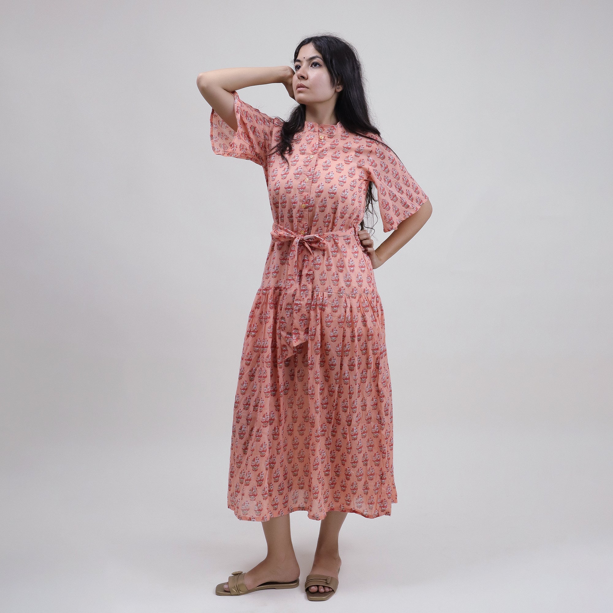 Green Floral Hand Printed Cotton Womens Casul Midi Dress
