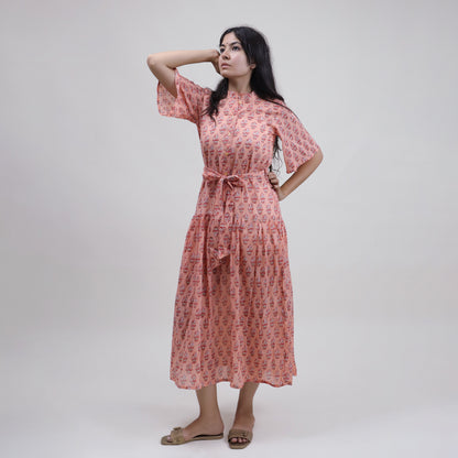 Green Floral Hand Printed Cotton Womens Casul Midi Dress