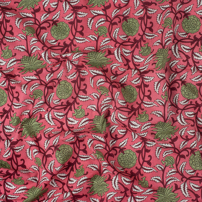 Green Floral Indian Hand Block Printed Fabric