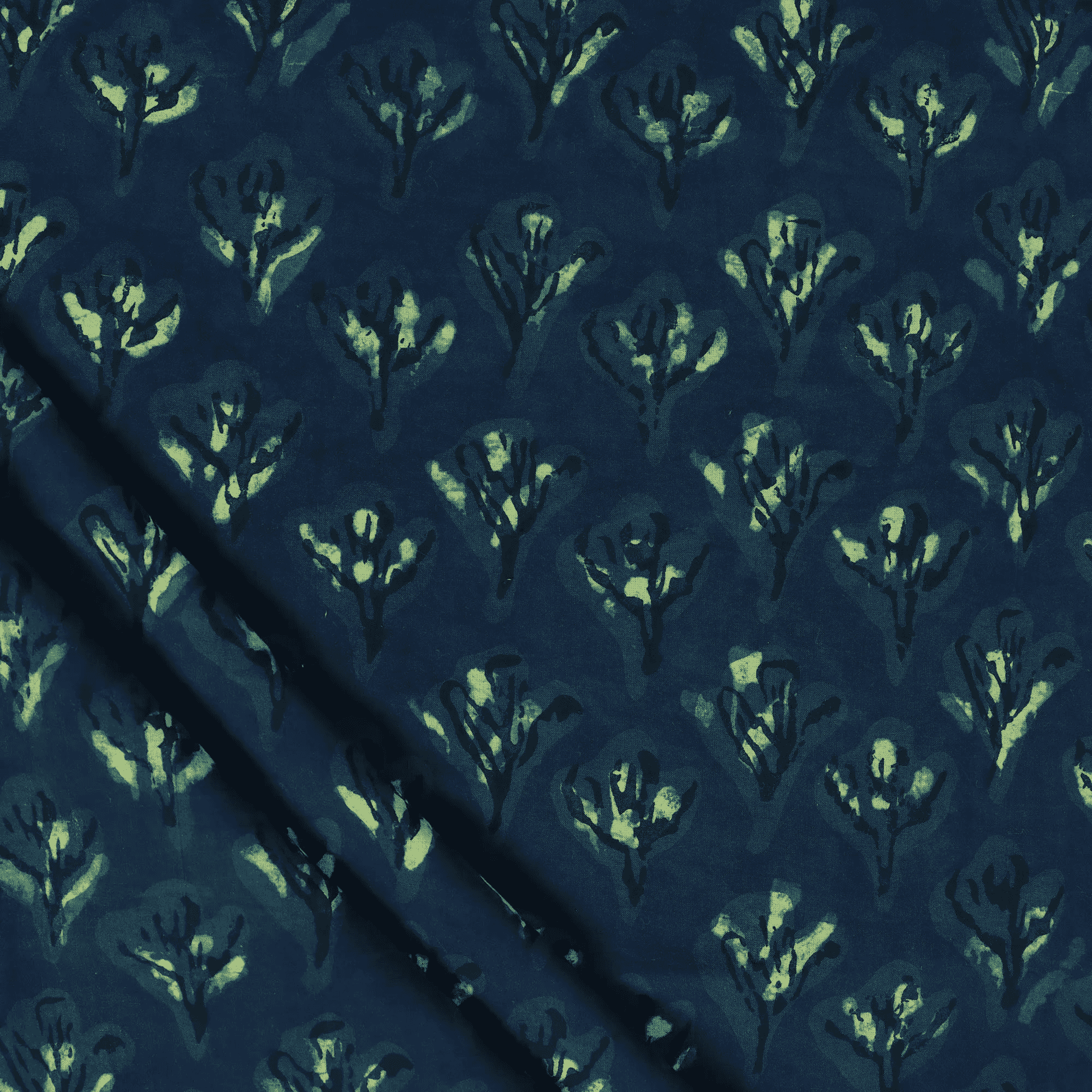 Green Floral Pure Cotton Dabu Hand Block Print Fabric