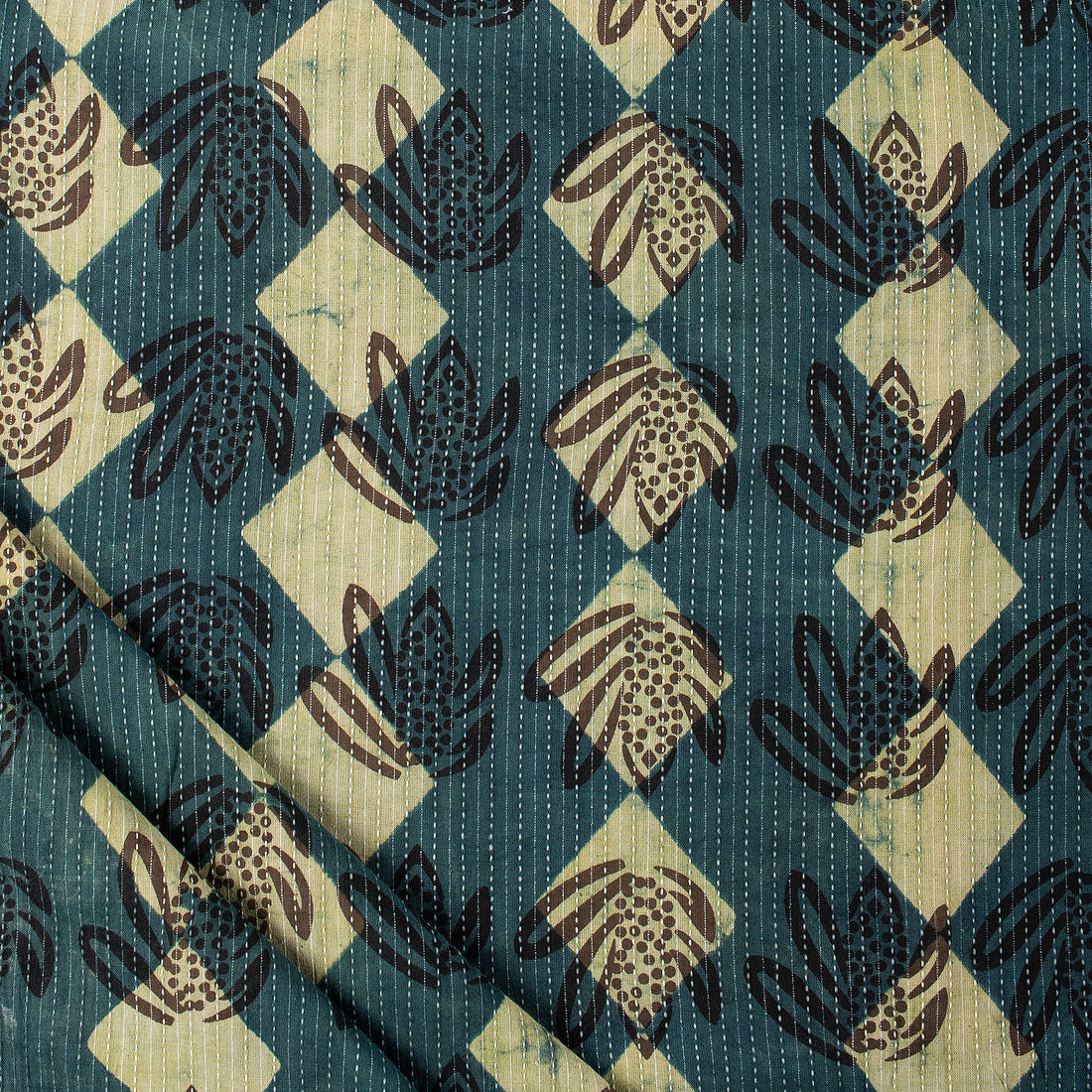 Green Hand Block Printed  Cotton Kantha Fabric by Yard