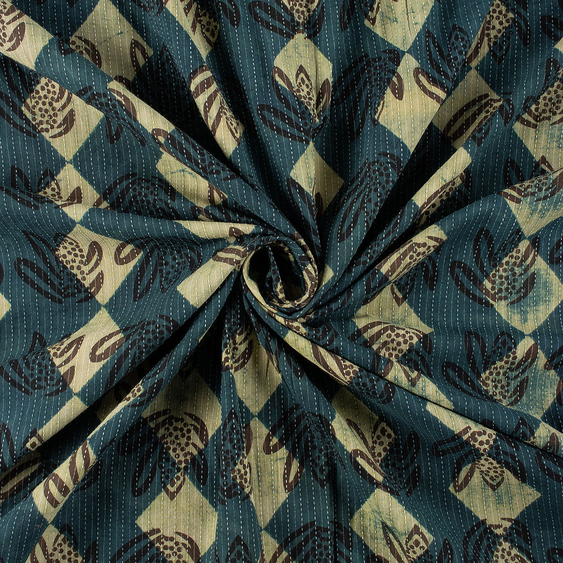 Green Hand Block Printed  Cotton Kantha Fabric by Yard