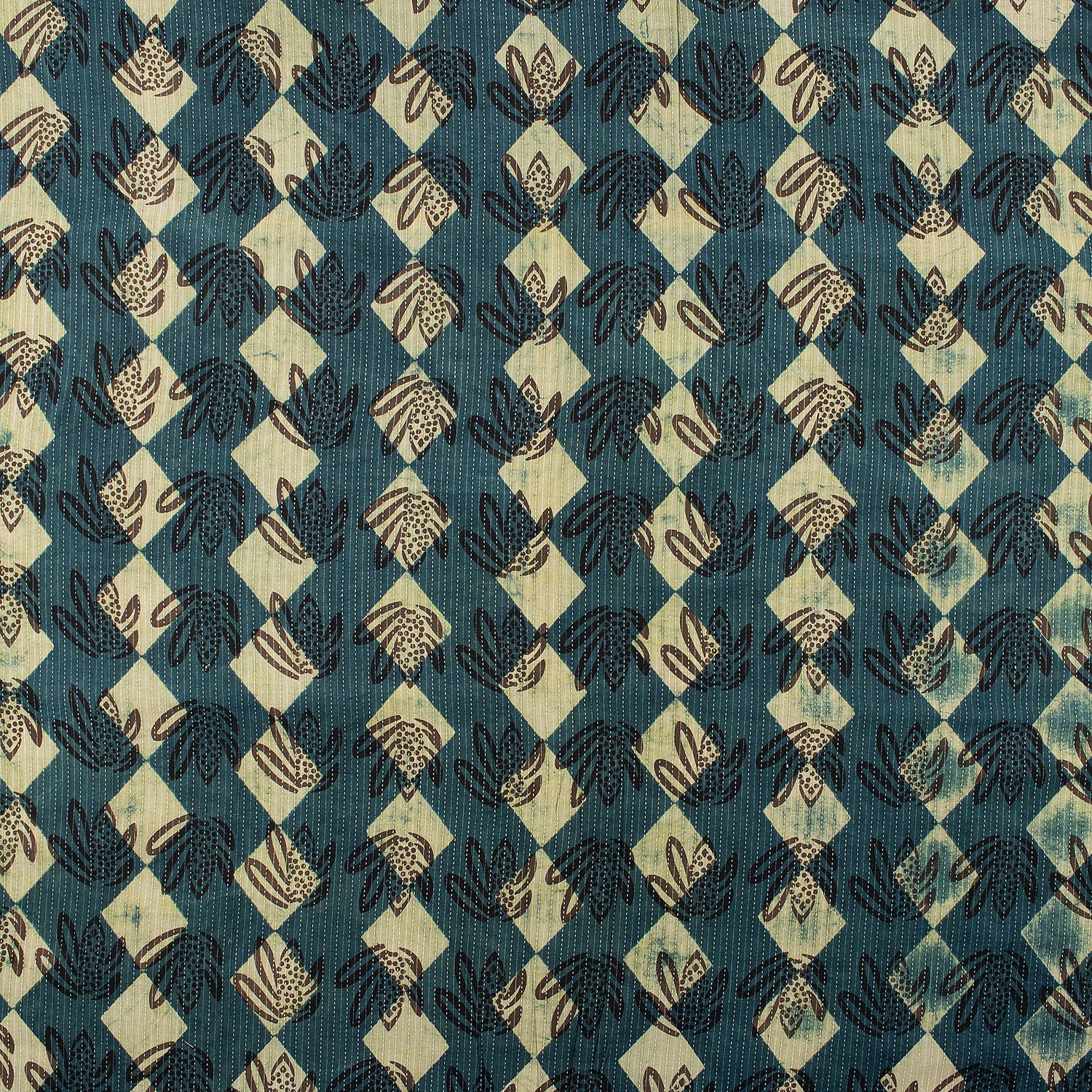 Green Hand Block Printed  Cotton Kantha Fabric by Yard