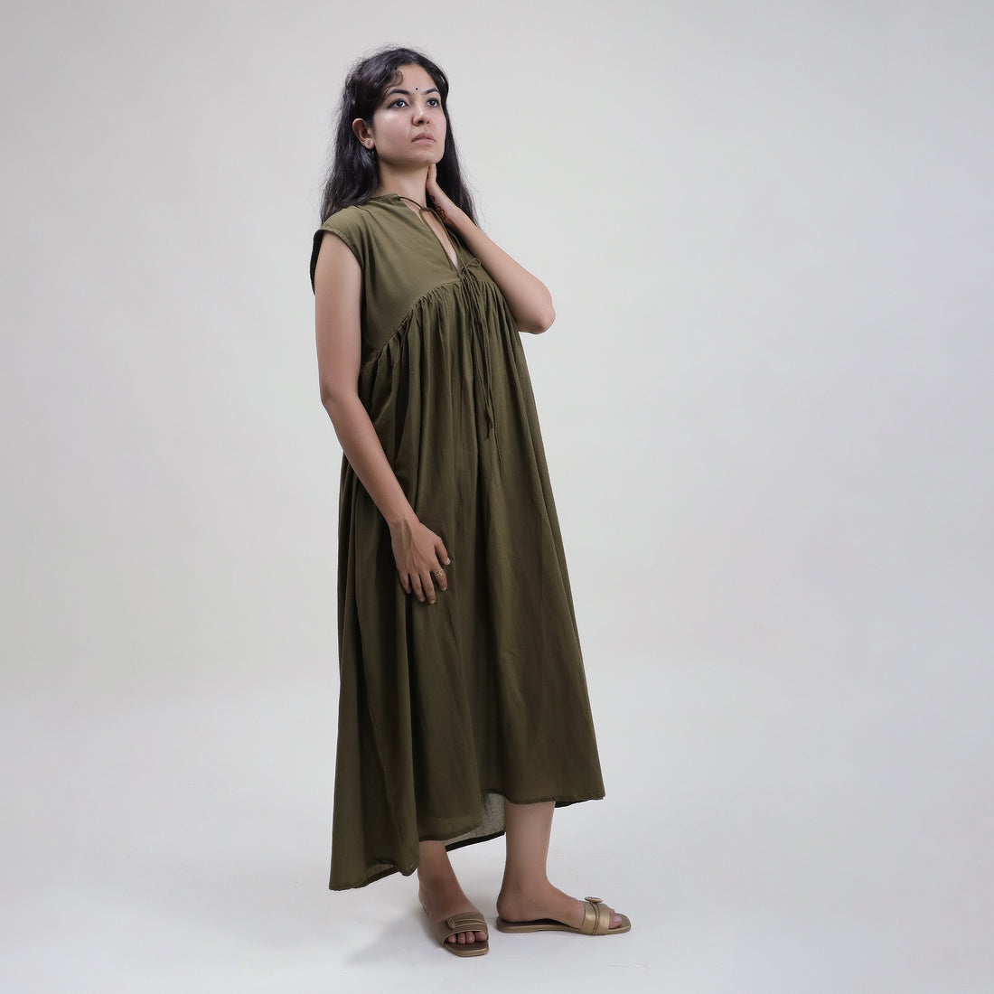 Green Indian Cotton Midi dress for Women 