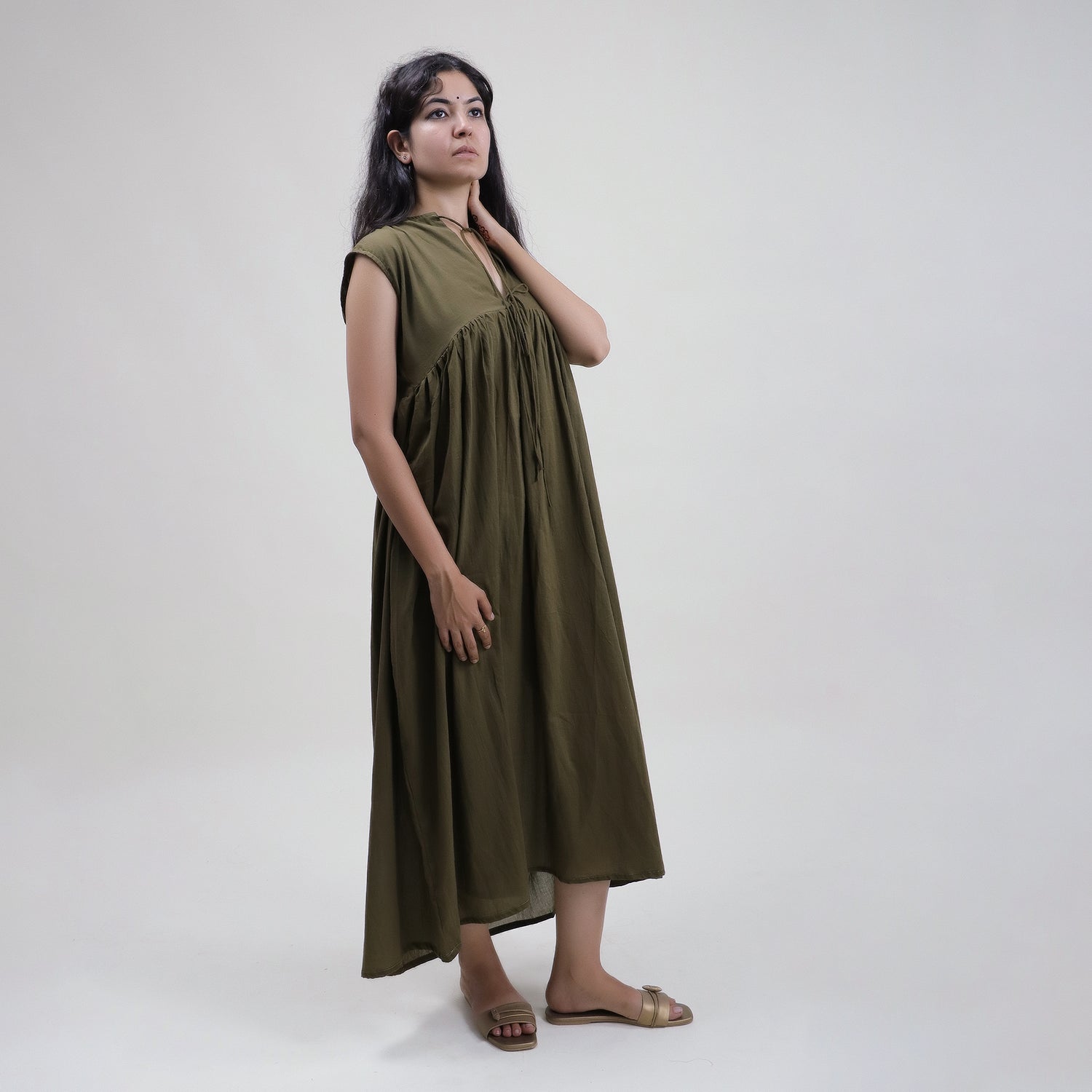 Green Indian Cotton Midi dress for Women 