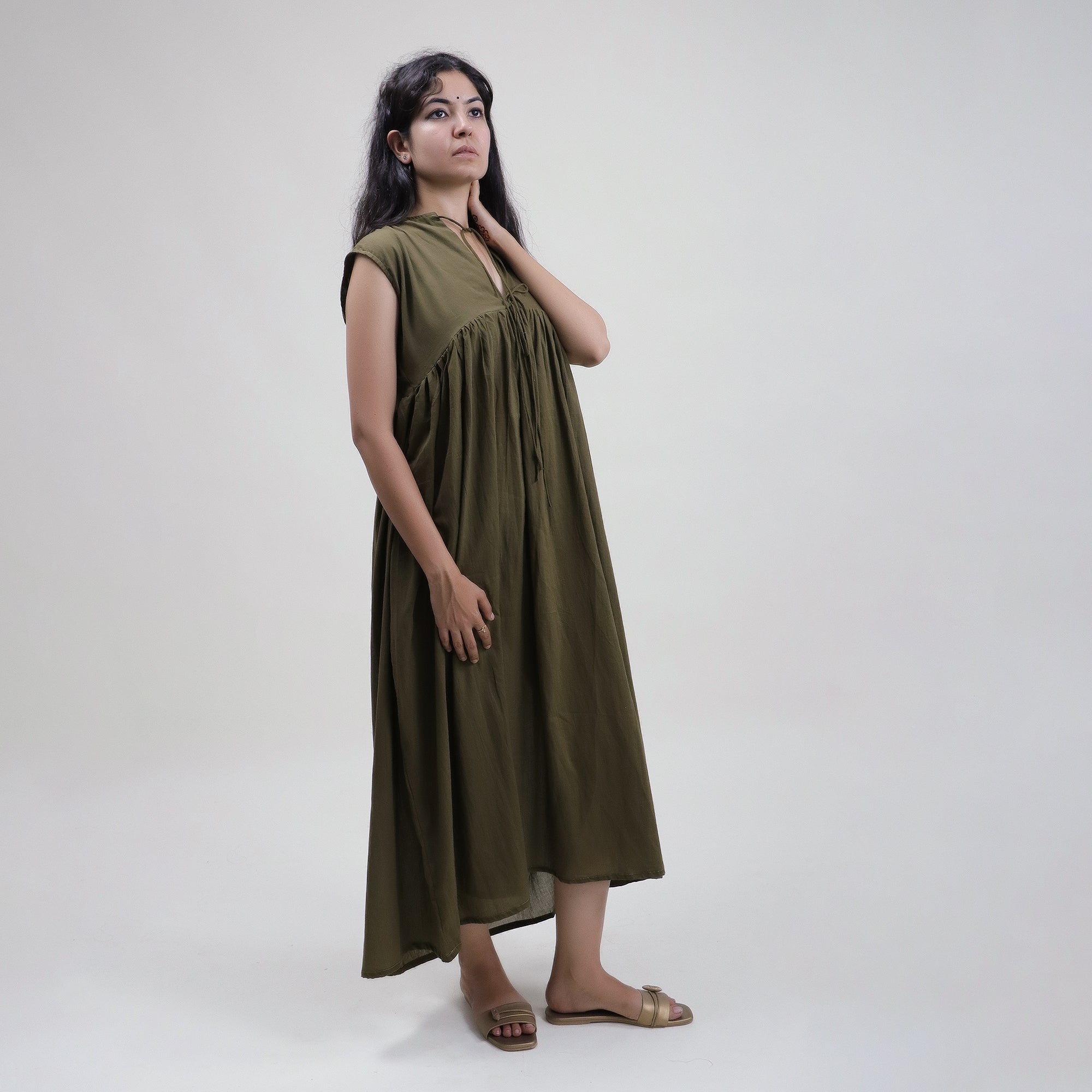 Green Indian Cotton Midi dress for Women 