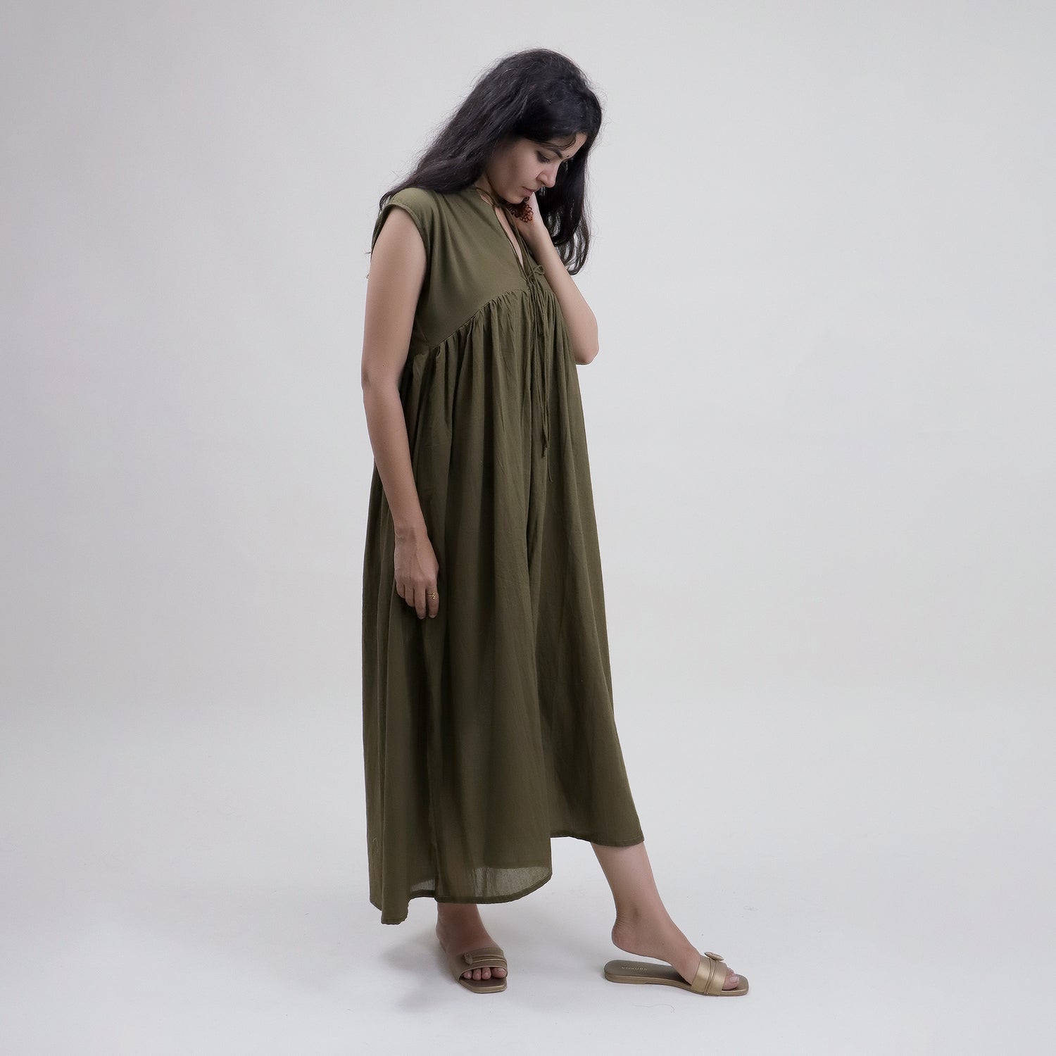 Green Indian Cotton Midi dress for Women 
