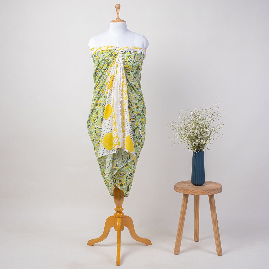 Green Leaf Hand Block Print Cotton Beach Sarong Wrap