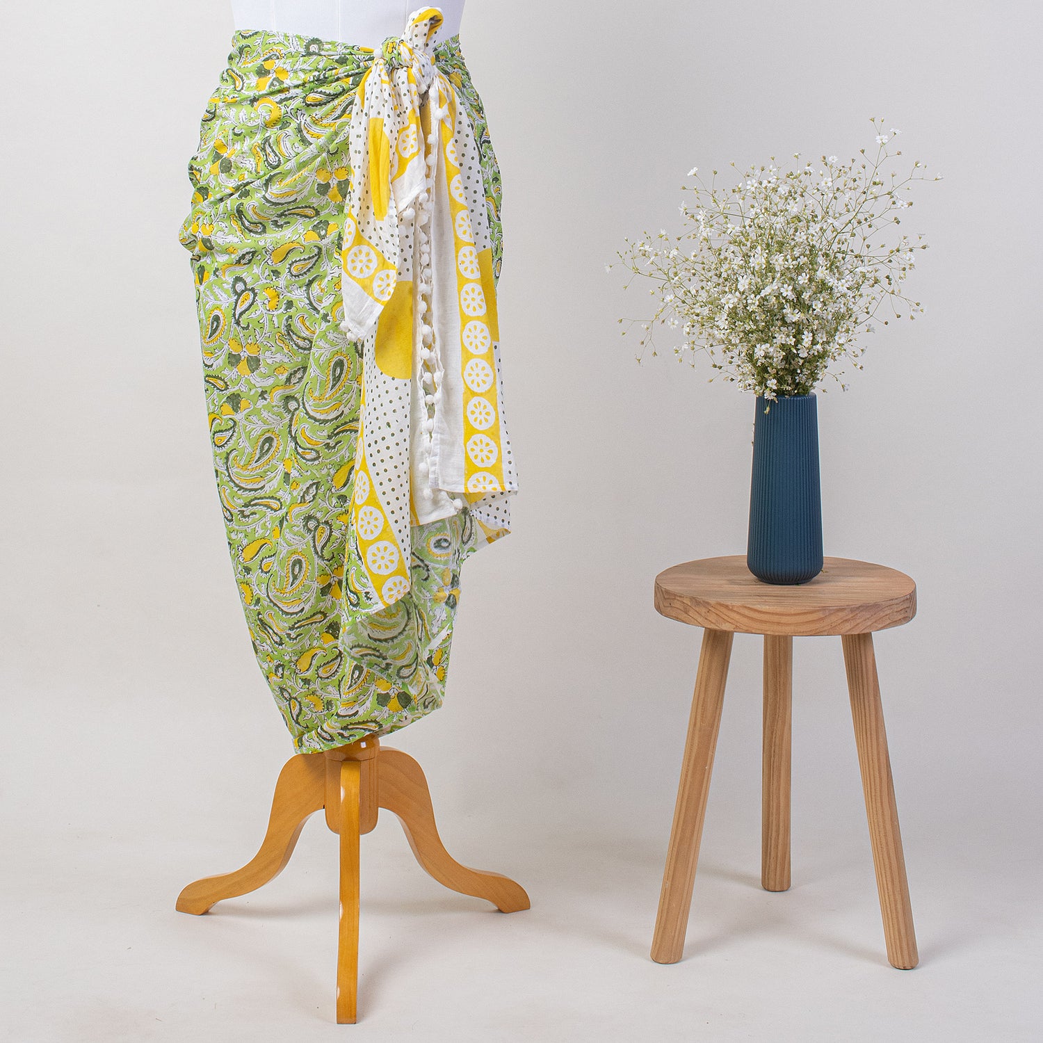 Green Leaf Hand Block Print Cotton Beach Sarong Wrap