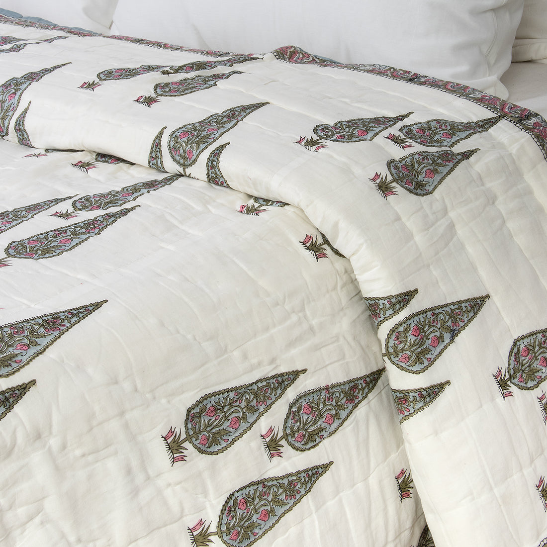 Green Leaf Reversible Block Printed Cotton Jaipuri Razai