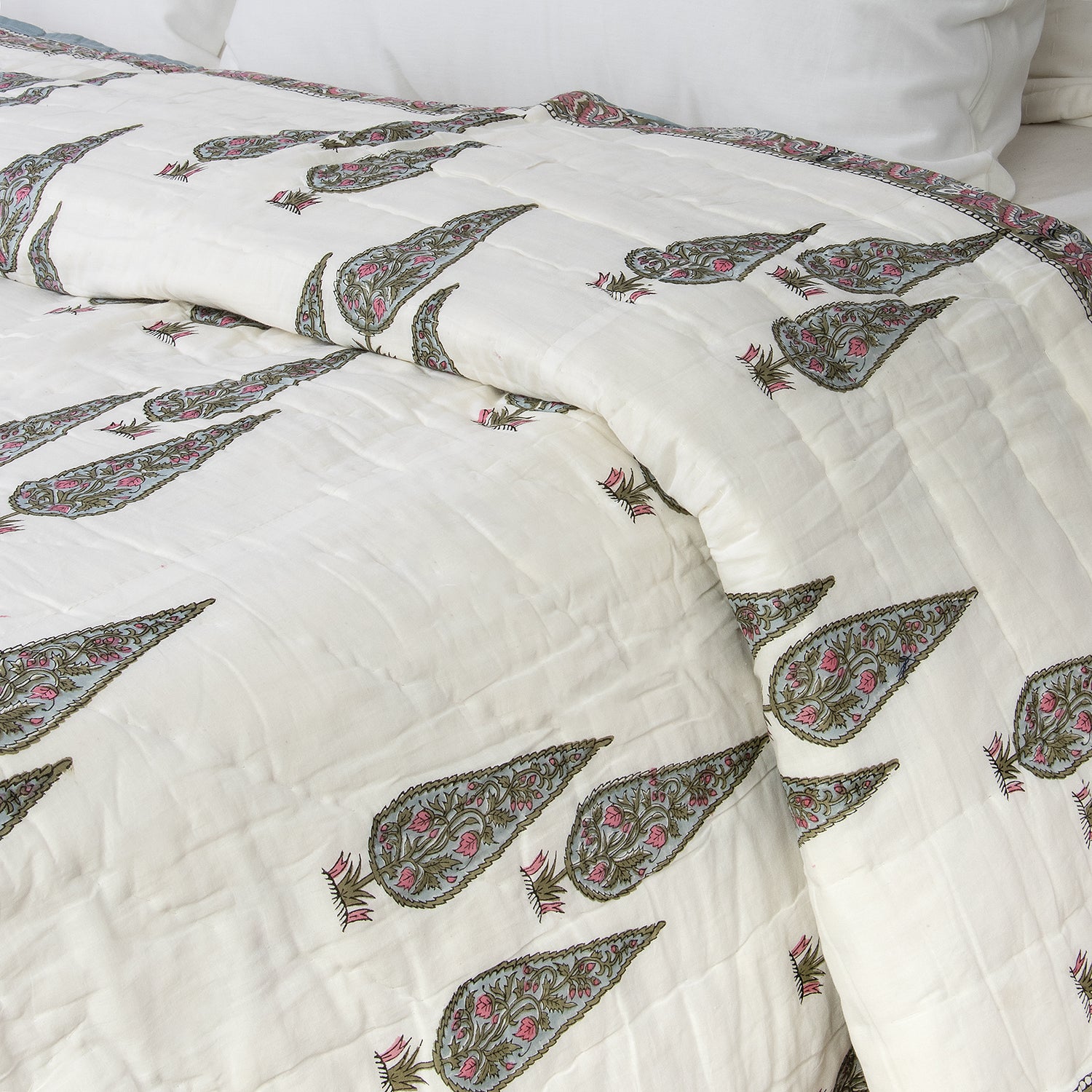 Green Leaf Reversible Block Printed Cotton Jaipuri Razai