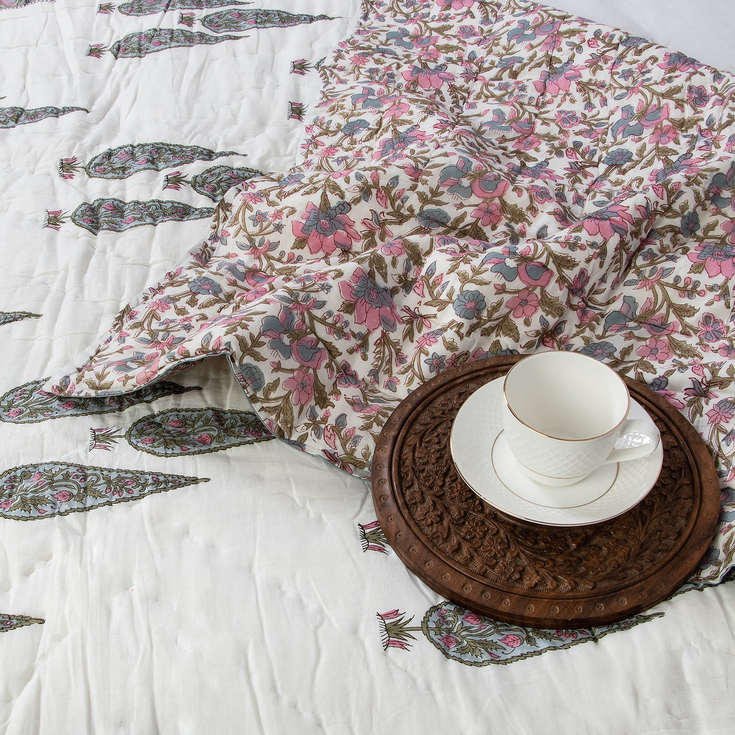 Green Leaf Reversible Block Printed Cotton Jaipuri Razai