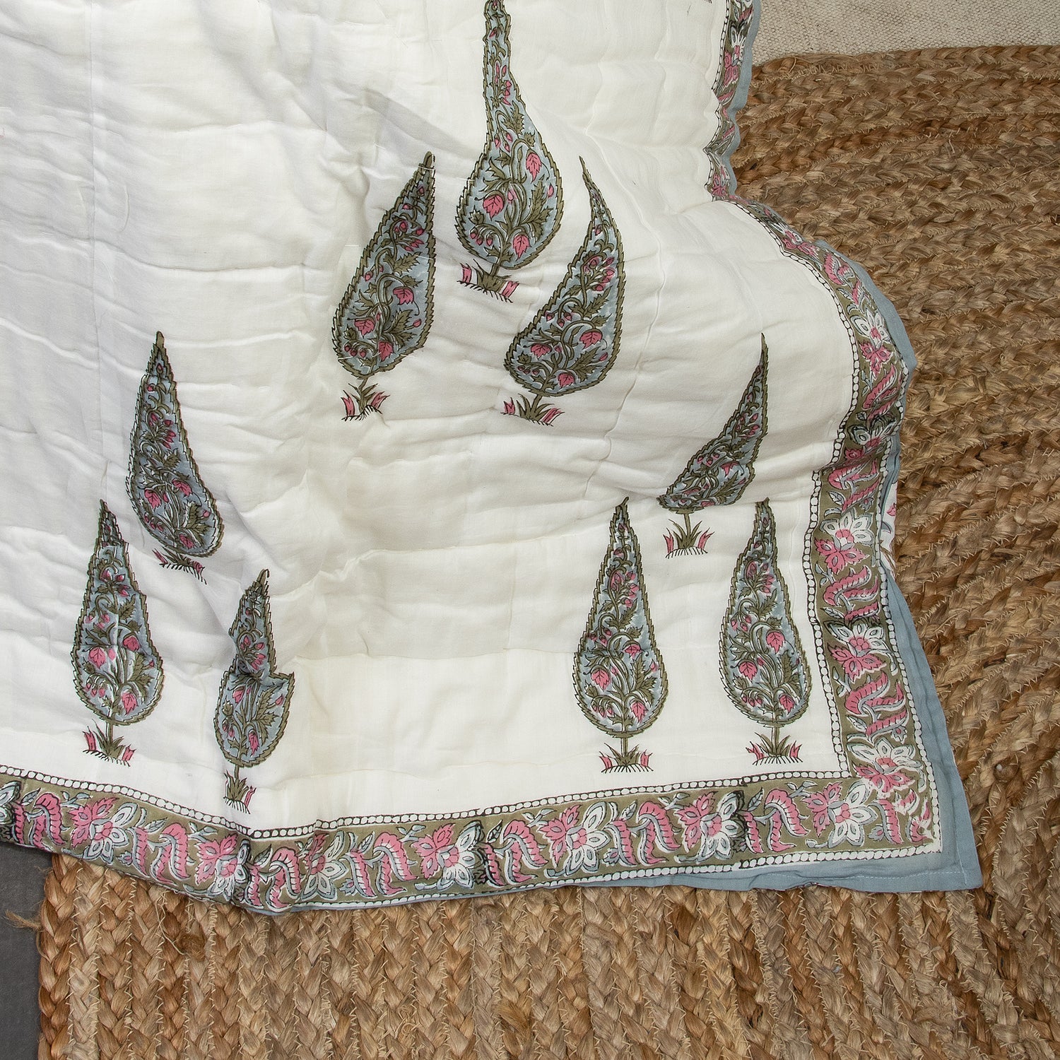 Green Leaf Reversible Block Printed Cotton Jaipuri Razai