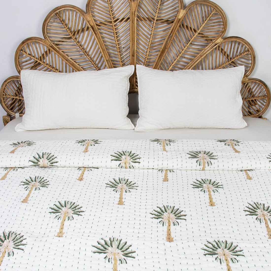 Green Palm Tree Cotton Hand Block Print Kantha Quilt Blanket
