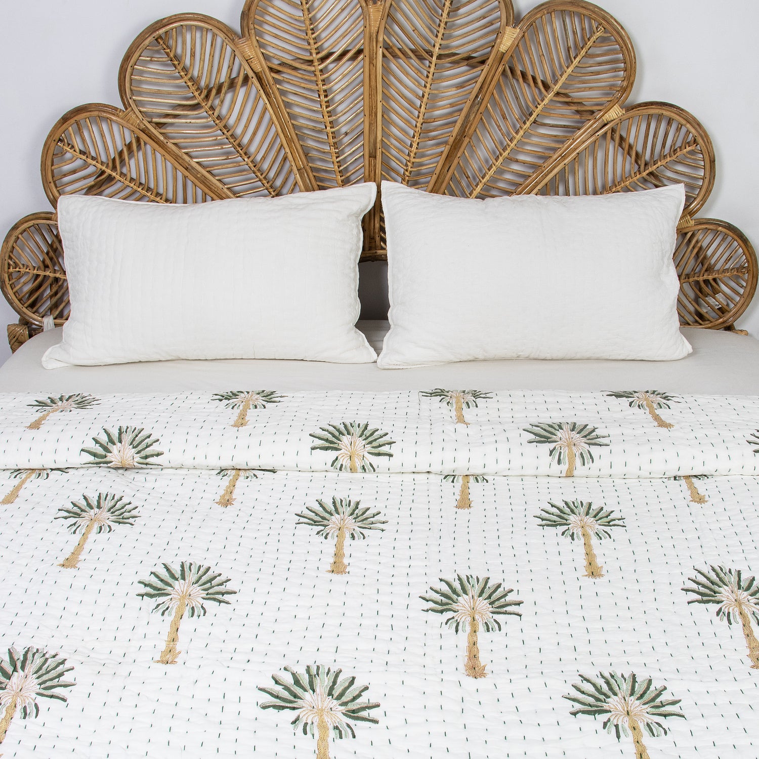 Green Palm Tree Cotton Hand Block Print Kantha Quilt Blanket
