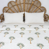 Green Palm Tree Cotton Hand Block Print Kantha Quilt Blanket