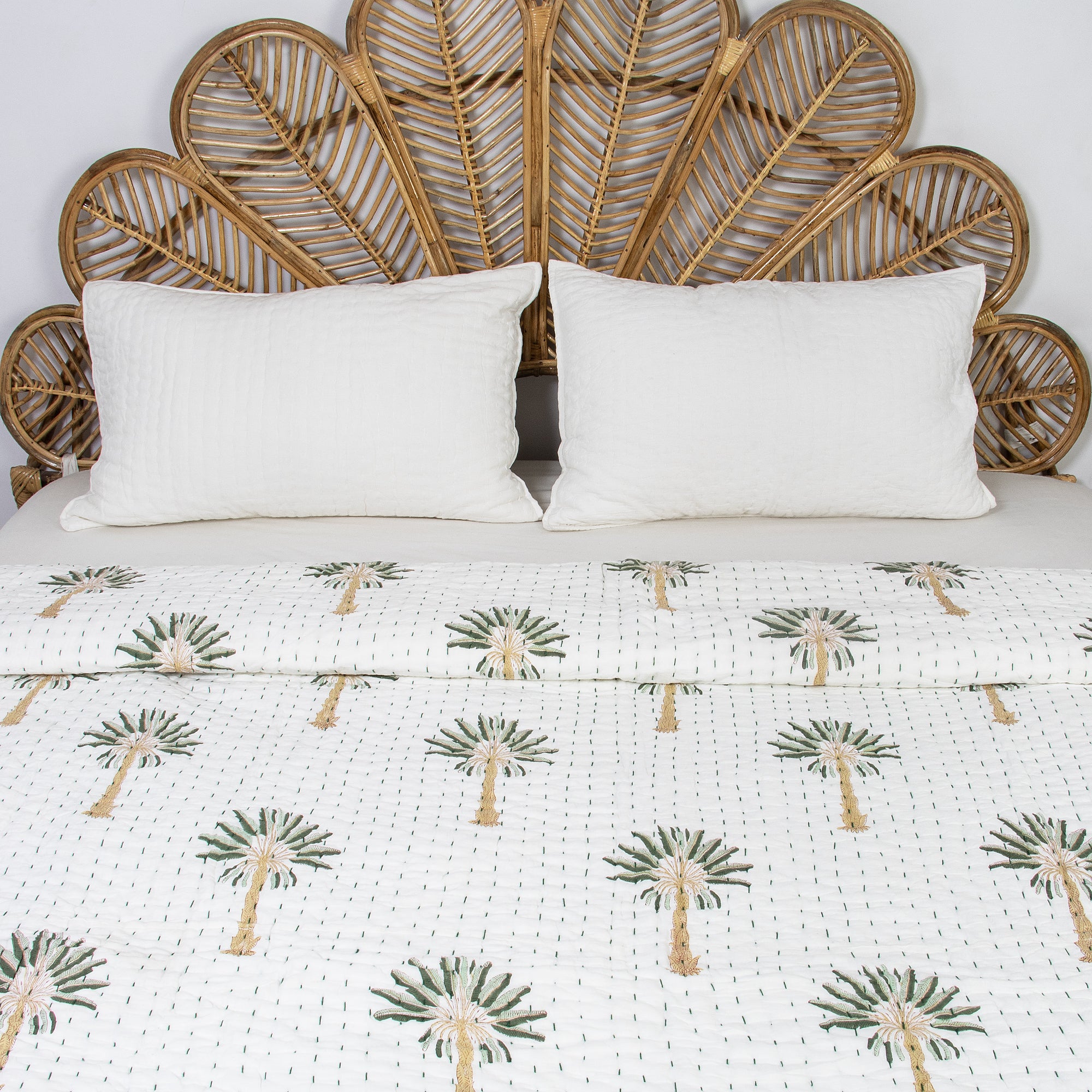 Green Palm Tree Cotton Hand Block Print Kantha Quilt Blanket