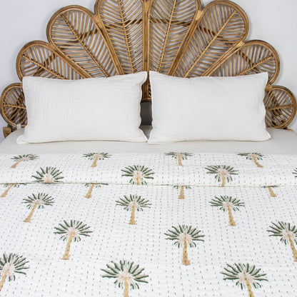 Green Palm Tree Cotton Hand Block Print Kantha Quilt Blanket