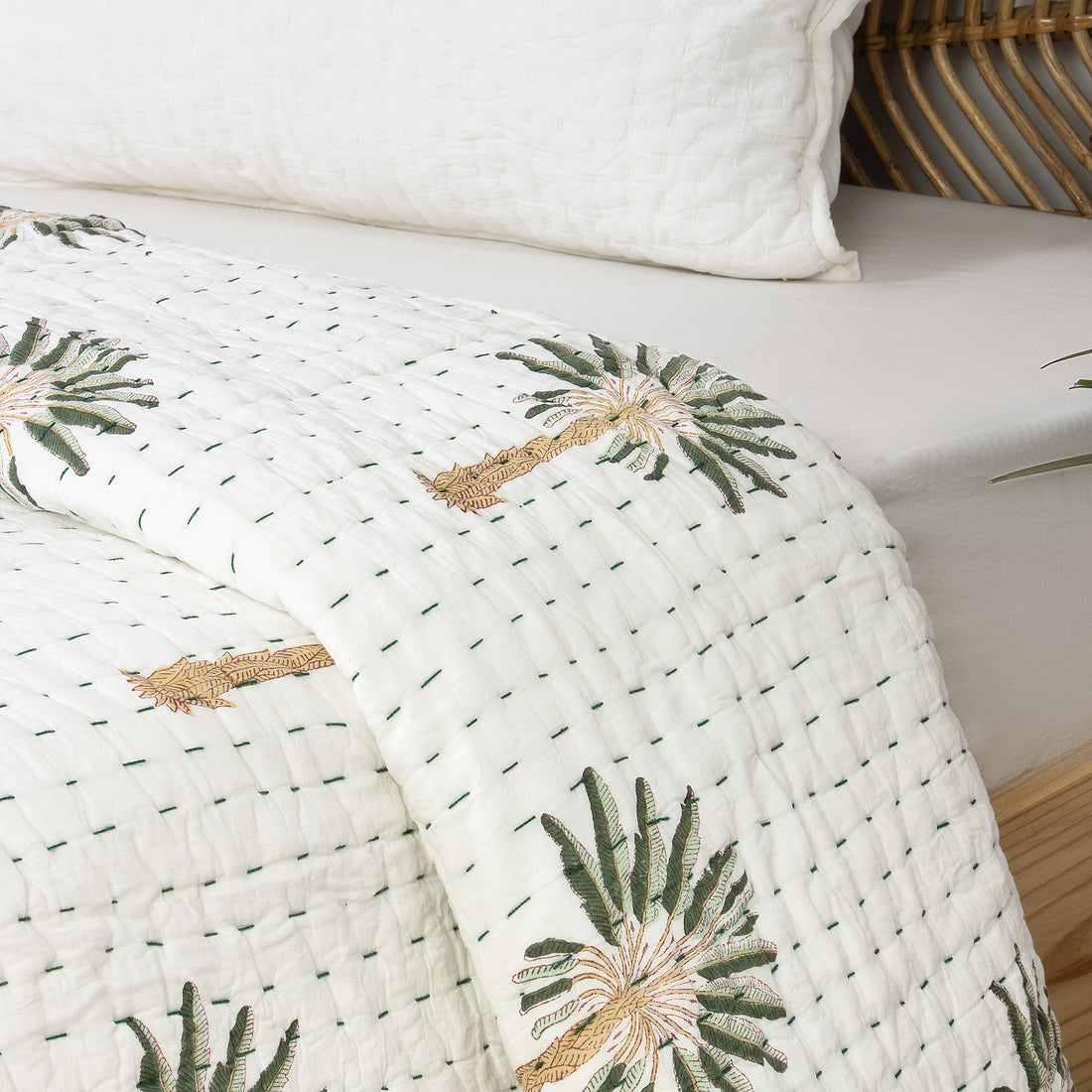 Green Palm Tree Cotton Hand Block Print Kantha Quilt Blanket