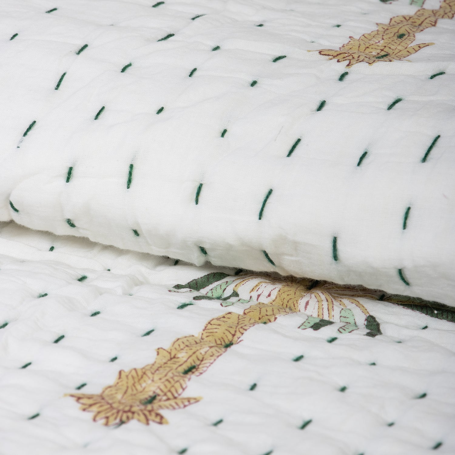 Green Palm Tree Cotton Hand Block Print Kantha Quilt Blanket