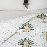 Green Palm Tree Cotton Hand Block Print Kantha Quilt Blanket