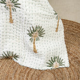 Green Palm Tree Cotton Hand Block Print Kantha Quilt Blanket