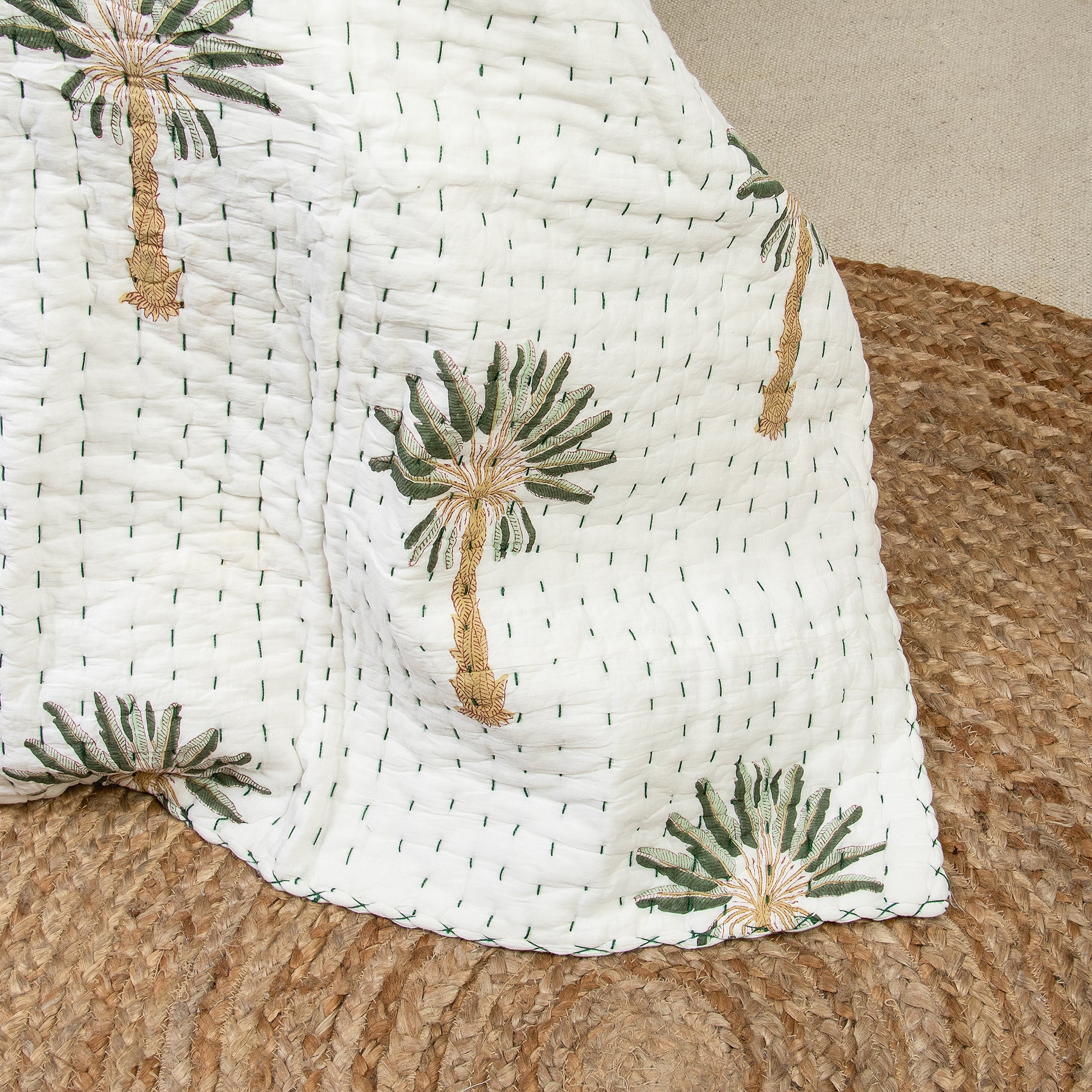 Green Palm Tree Cotton Hand Block Print Kantha Quilt Blanket