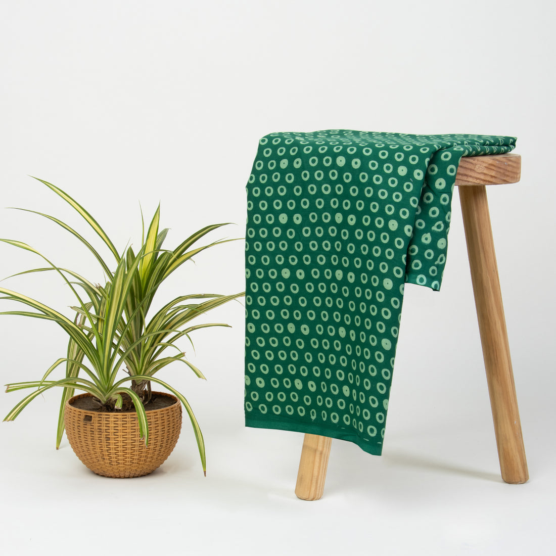 Green Polkas Dots Hand Block Printed Cotton Fabric