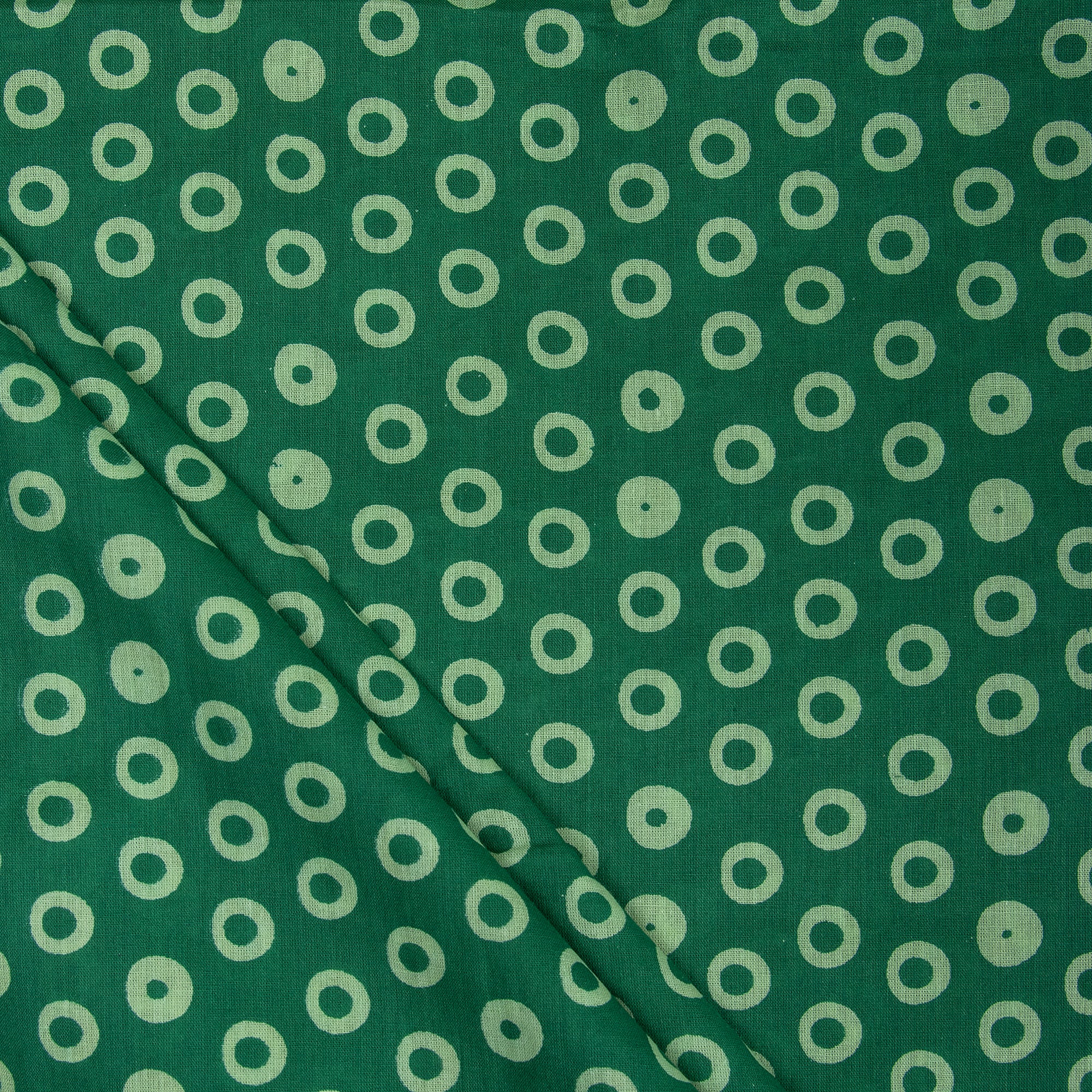 Green Polkas Dots Hand Block Printed Cotton Fabric