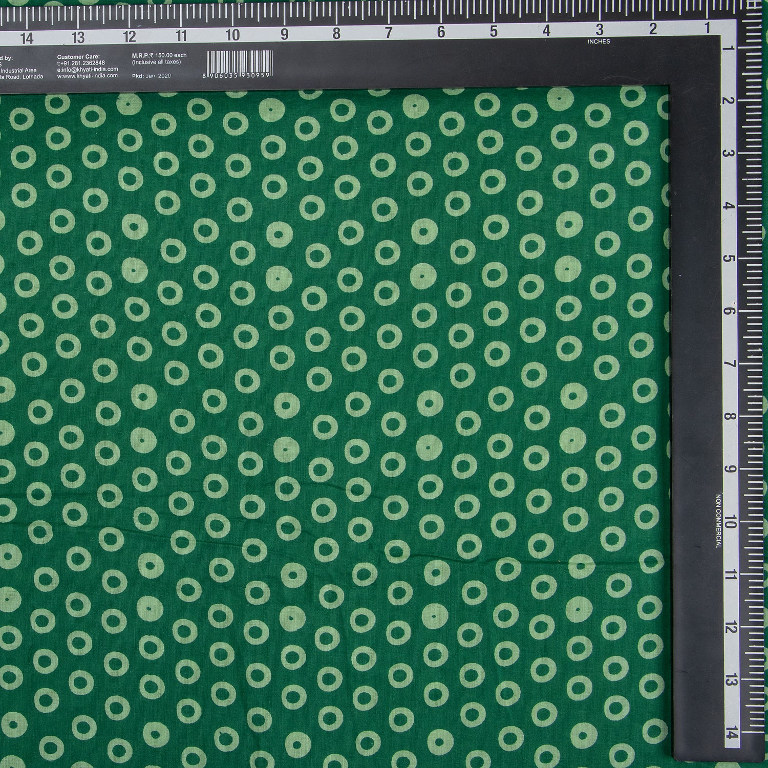 Green Polkas Dots Hand Block Printed Cotton Fabric