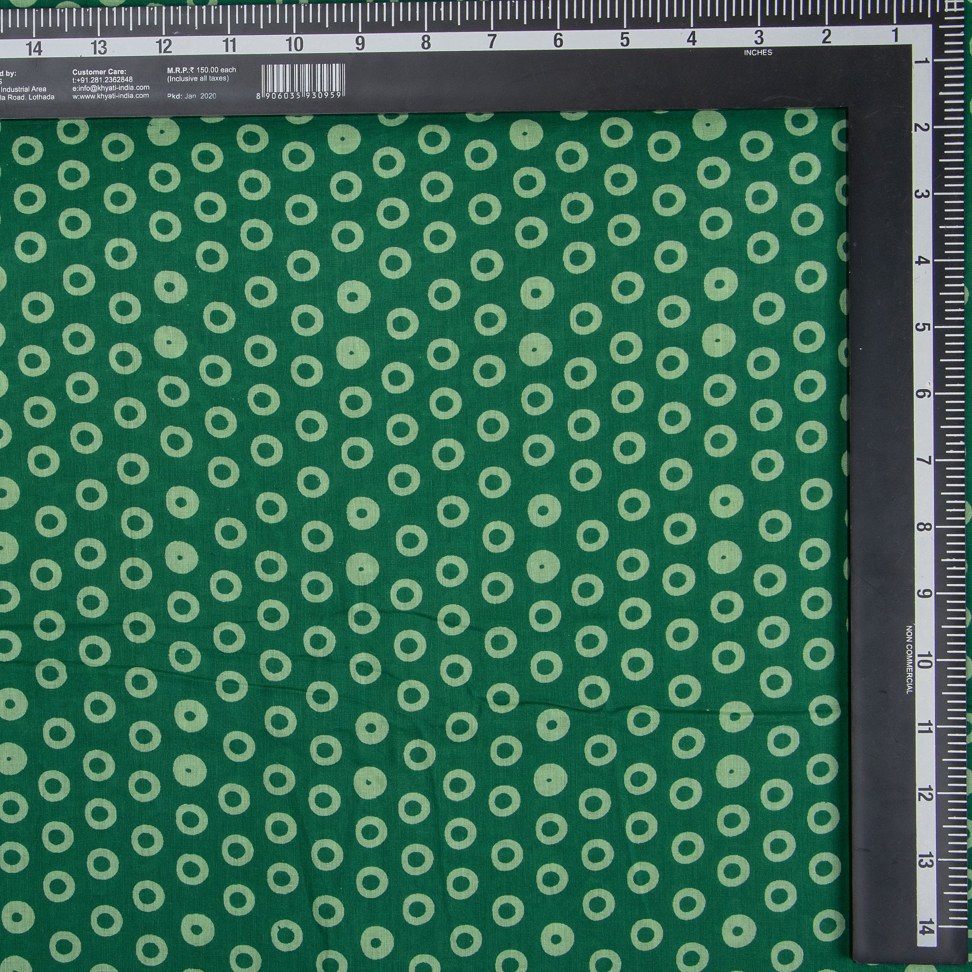 Green Polkas Dots Hand Block Printed Cotton Fabric