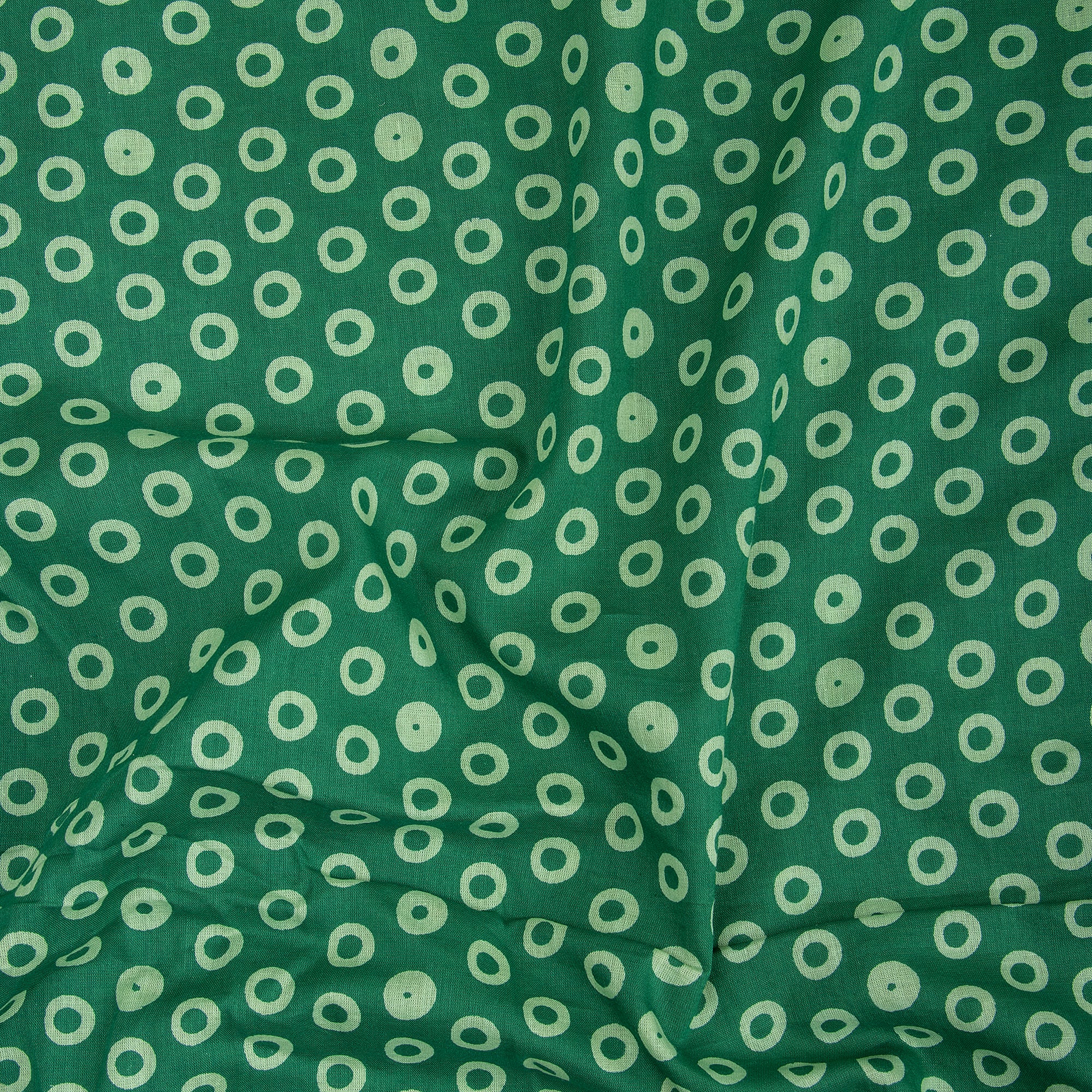 Green Polkas Dots Hand Block Printed Cotton Fabric