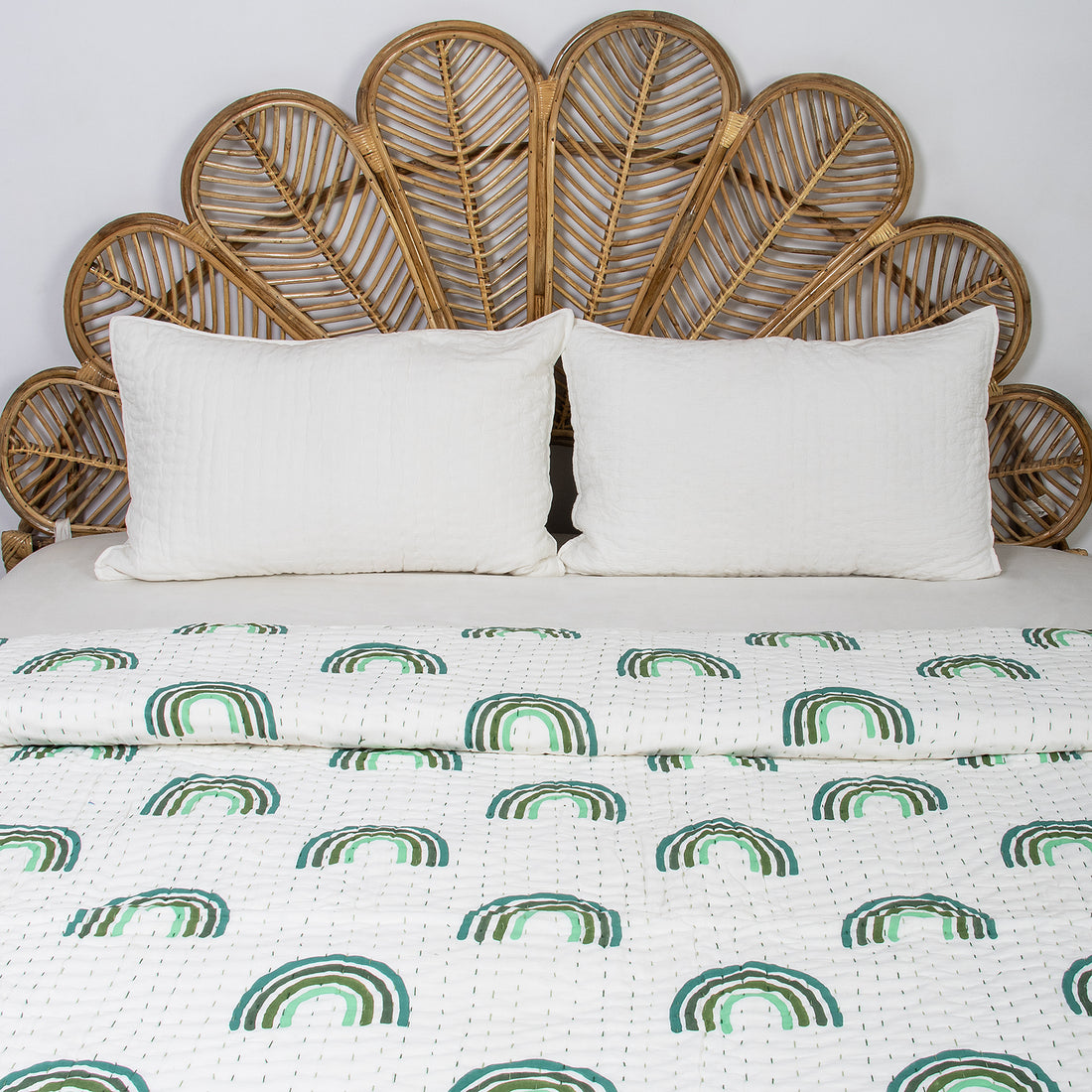 Green Rainboe Hand Block Print Cotton Kantha Quilt Blanket