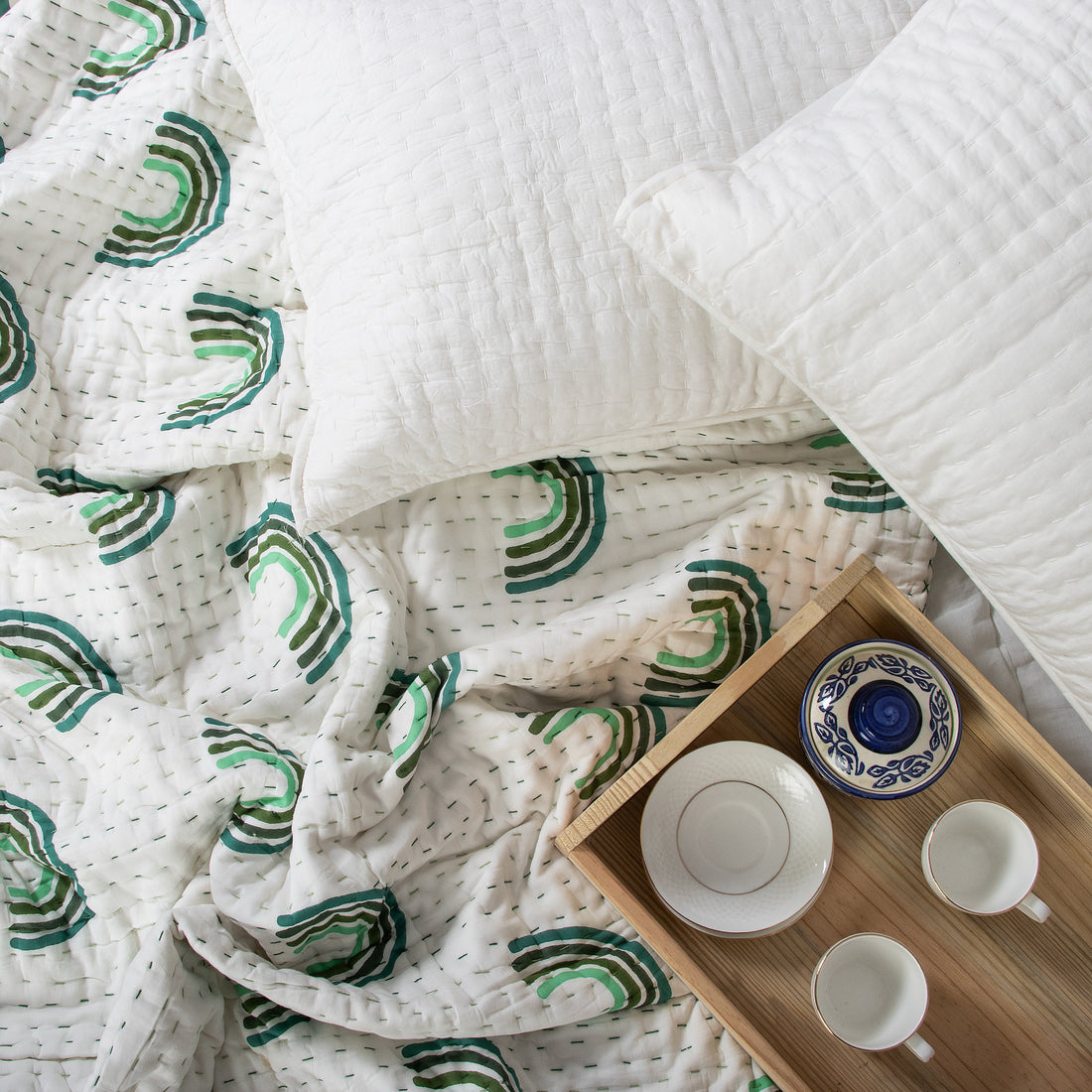 Green Rainboe Hand Block Print Cotton Kantha Quilt Blanket