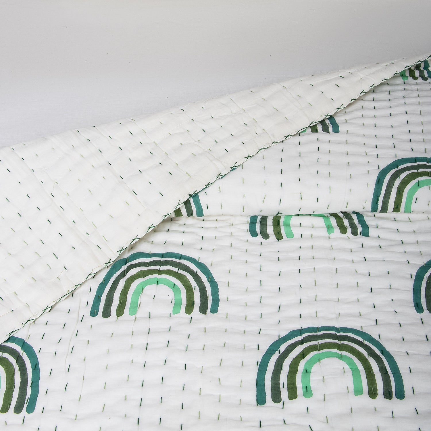 Green Rainboe Hand Block Print Cotton Kantha Quilt Blanket