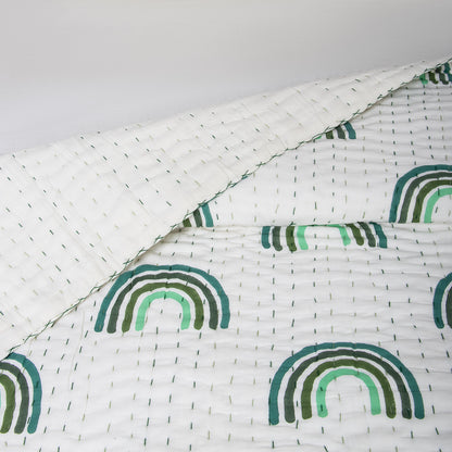 Green Rainboe Hand Block Print Cotton Kantha Quilt Blanket